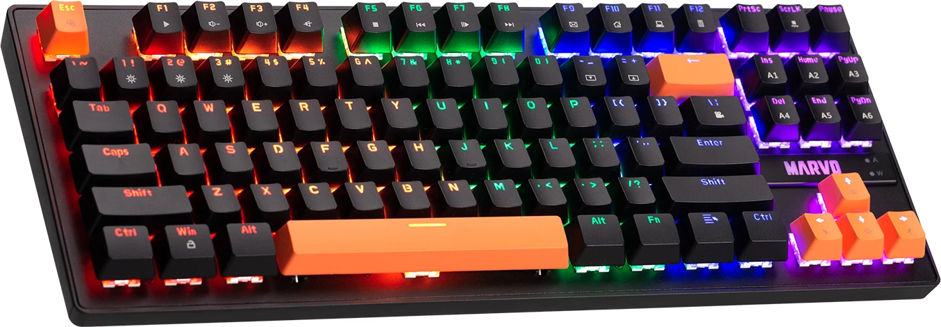 Tastierë mekanike gaming Marvo KG901C EN KRONE 87, 87 taste, Blue Switch, ndriçim RGB, e zezë me taste portokalli