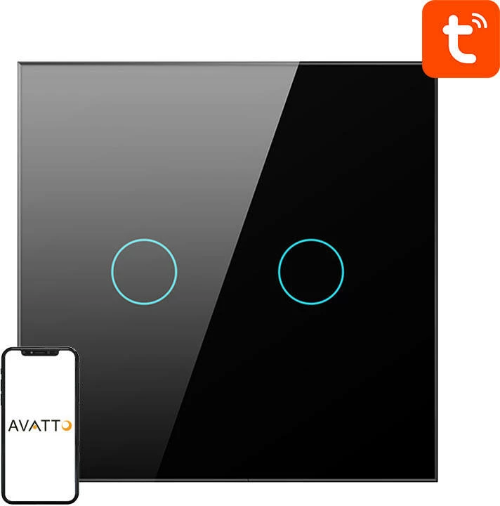 Switch i mençur dritash ZigBee, Avatto ZTS02-EU-B2, 2-kanal TUYA/Smart Life, prekës, i zi