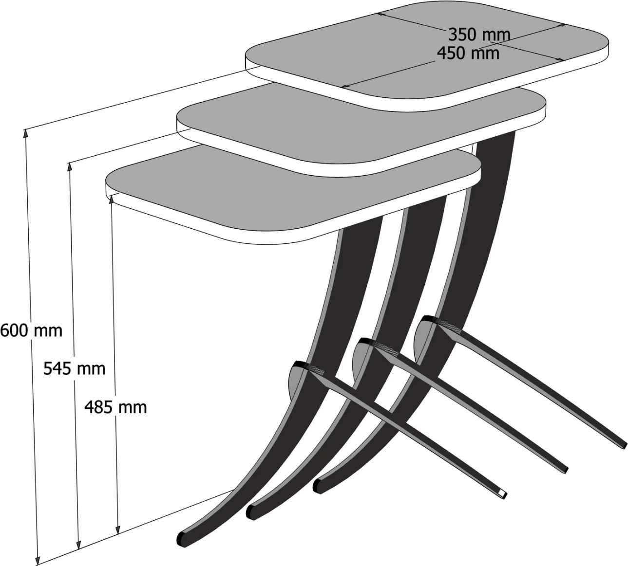 Tavolina anësore 3PCS FH9508.02 sipërfaqe melamine ngjyrë mermeri të zi, këmbë metali të zeza 35x45x60H cm