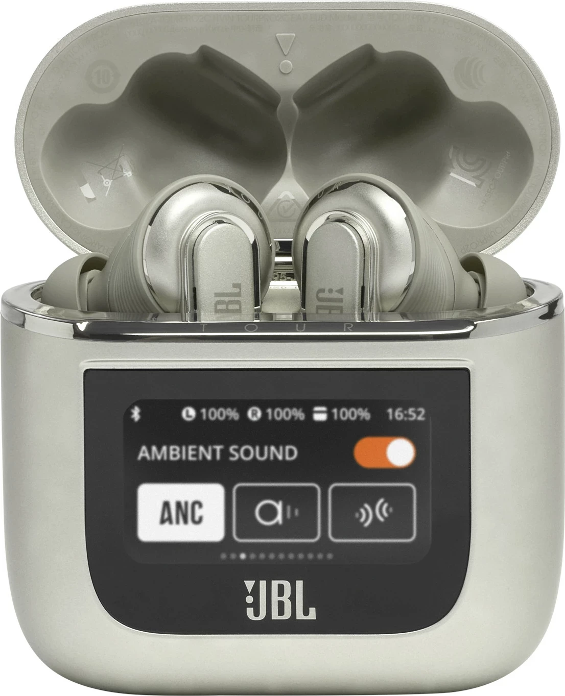 Kufje JBL Tour Pro 2 TWS, ANC adaptive, audio hapësinor, kasë karikimi Smart me ekran 1.45", Champagne