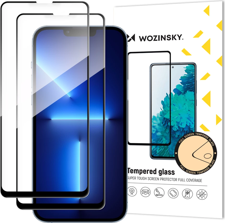 Set xham i temperuar Wozinsky Full Glue për iPhone 13, iPhone 13 Pro, iPhone 14, iPhone 16e, 2 copë, Zi