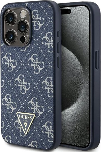 Mbështjellës Guess 4G Triangle Metal Logo GUHCP15XPG4GPB për iPhone 15 Pro Max 6.7", hardcase, TPU/PC/Eko-lëkurë, blu, në kuti