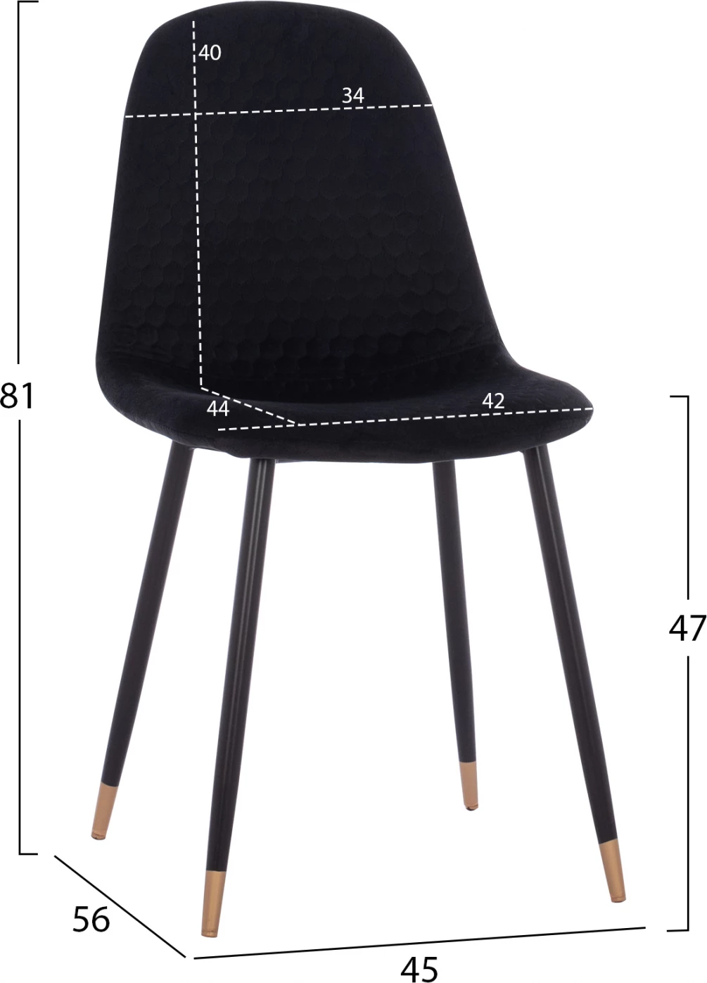 Karrige Lucille, kadife e zezë, skelet metalik, 45x56x81 cm, set prej 4 copash