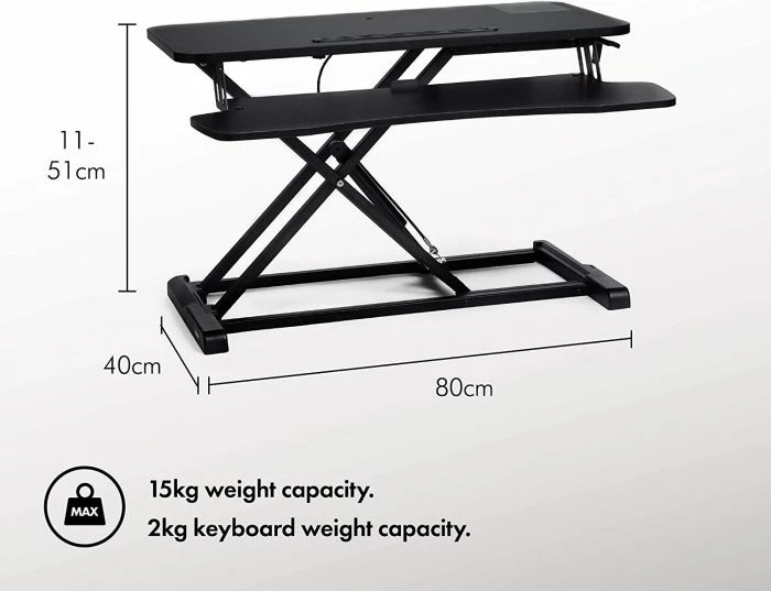 Platformë pune ulë/ngri VONHAUS 3000152, 80×40cm, lartësi e rregullueshme 11-51cm, mbajtje deri 15kg, me tabaka tastiere, e zezë