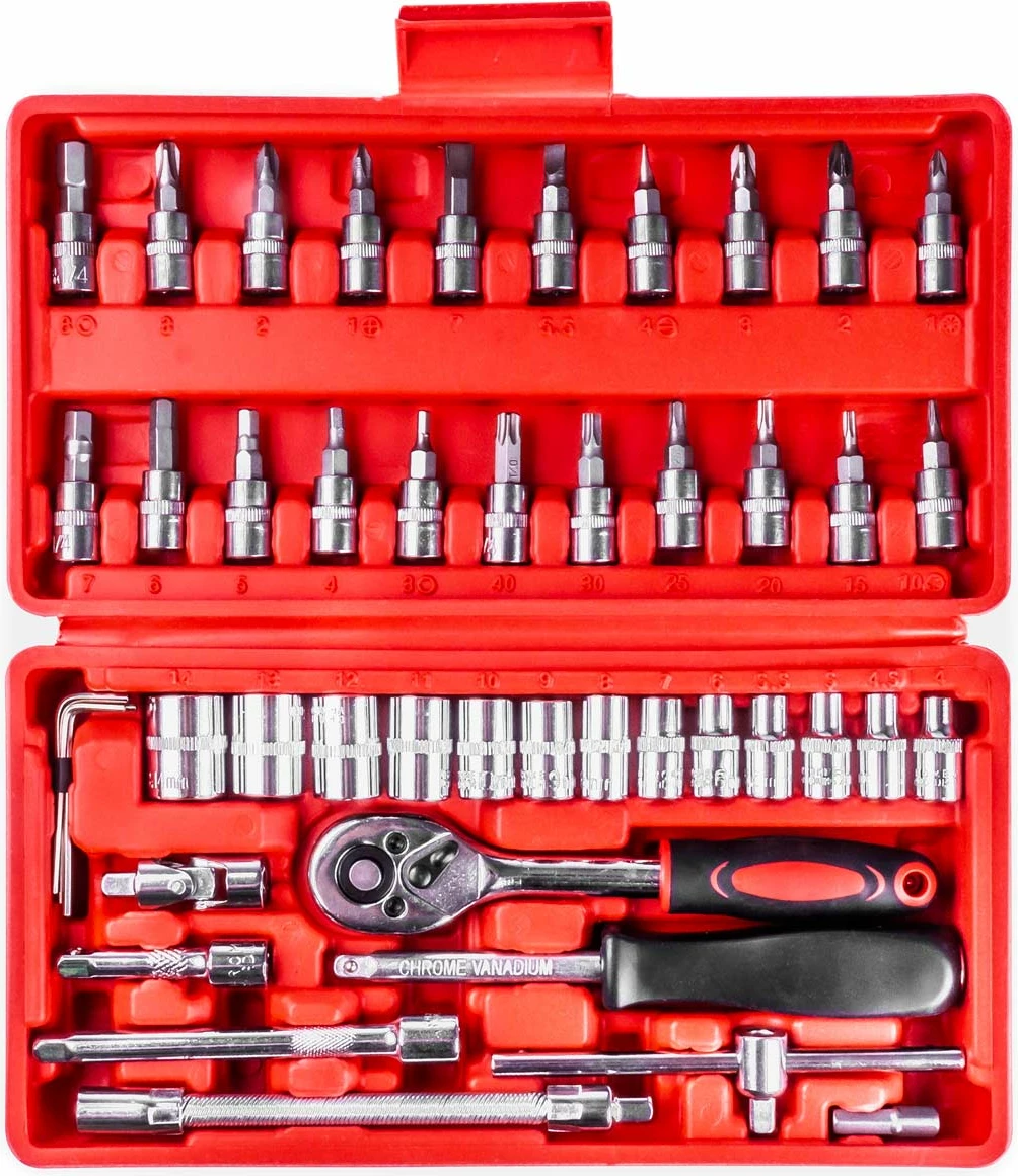 Set çelësash me koka 1/4” për riparime, në kuti me 46 pjesë