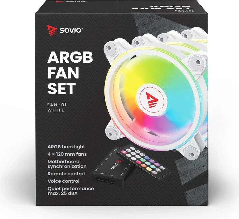 Ventilatorë ARGB SAVIO FAN-01, 4 copë me kontrollues dhe telekomandë, Bardhë