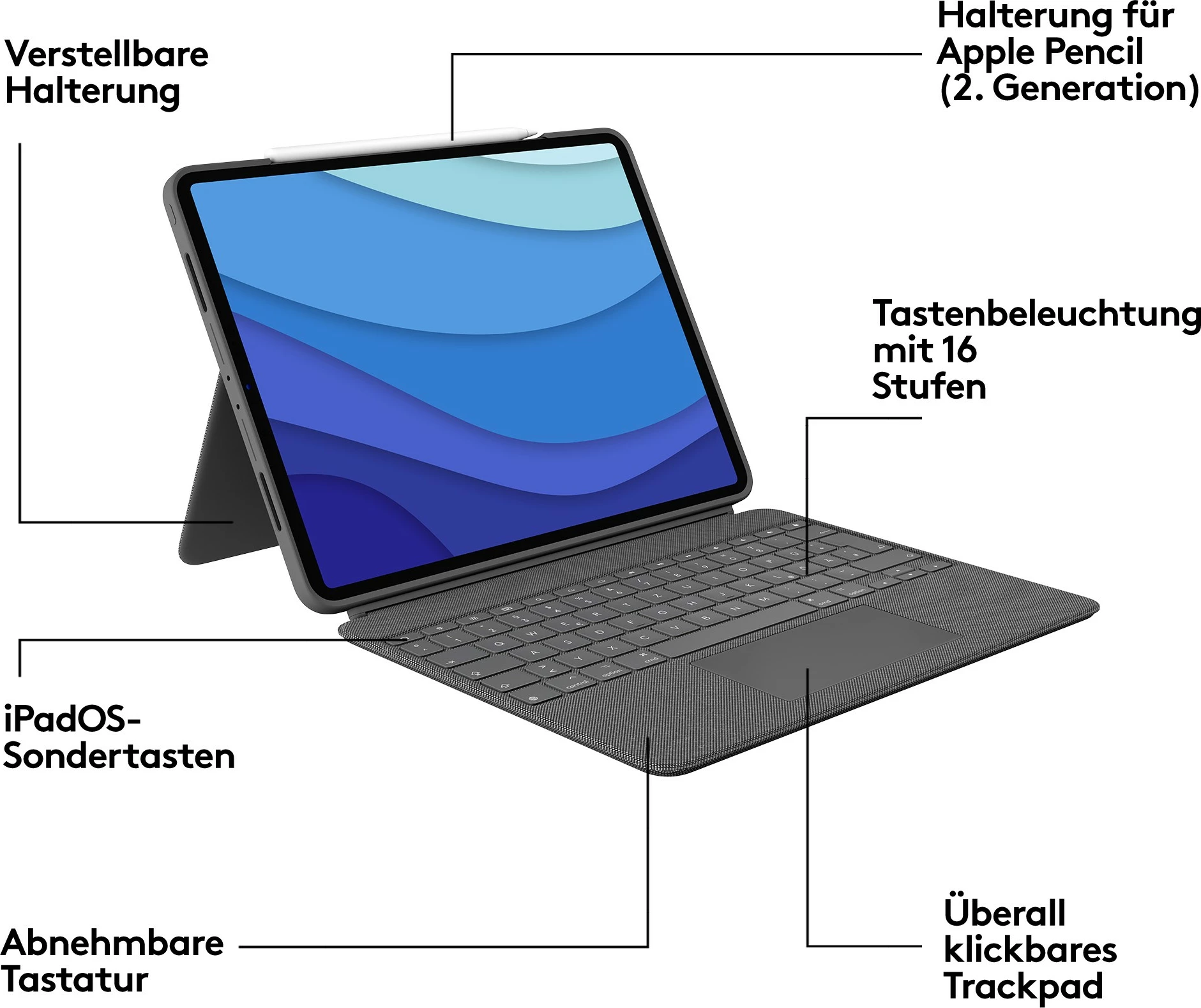 Tastierë me trackpad Logitech Combo Touch, QWERTY UK International, për iPad Pro 12.9, Oxford Grey
