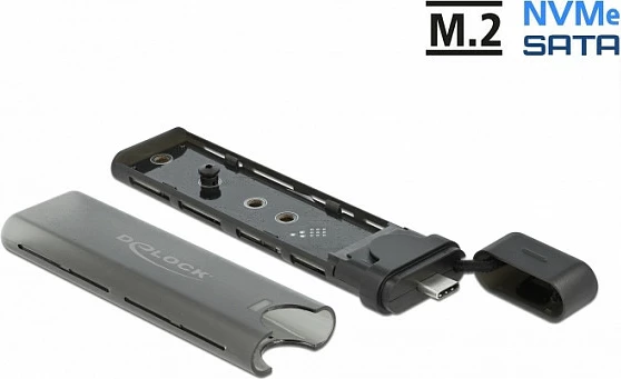 Kasë eksternale SSD DeLOCK USB-C për M.2 NVMe/SATA, 10 Gbit/s, tool-free, e zezë