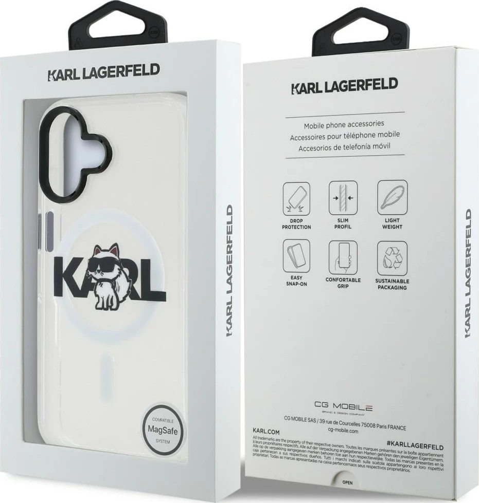 Mbështjellës Karl Lagerfeld IML Choupette Head Sketch Logo MagSafe për iPhone 16, transparent, në kuti
