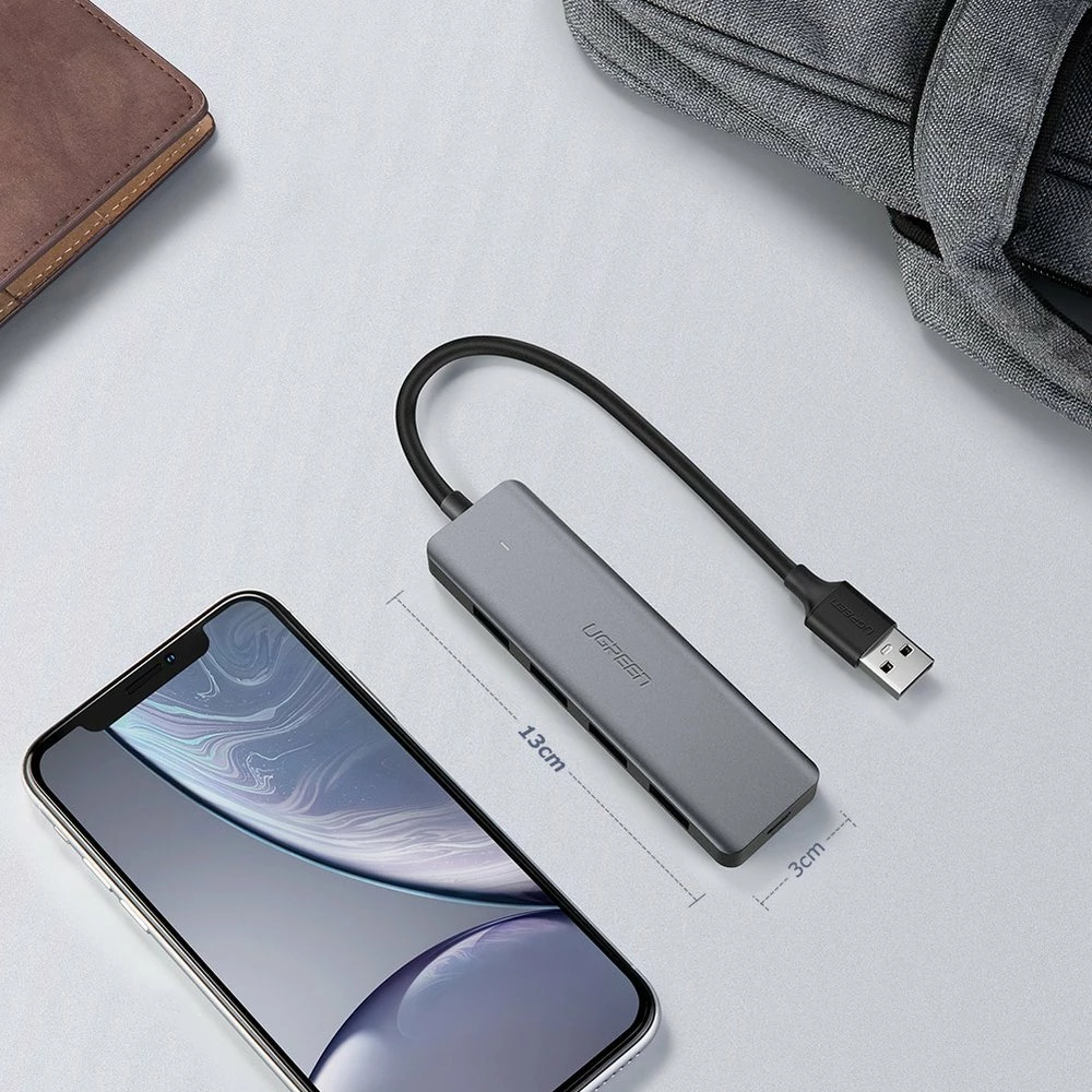 Kasë USB HUB Ugreen CM219 50985, 4x USB 3.2 Gen 1, me port micro USB për rrymë, Gri