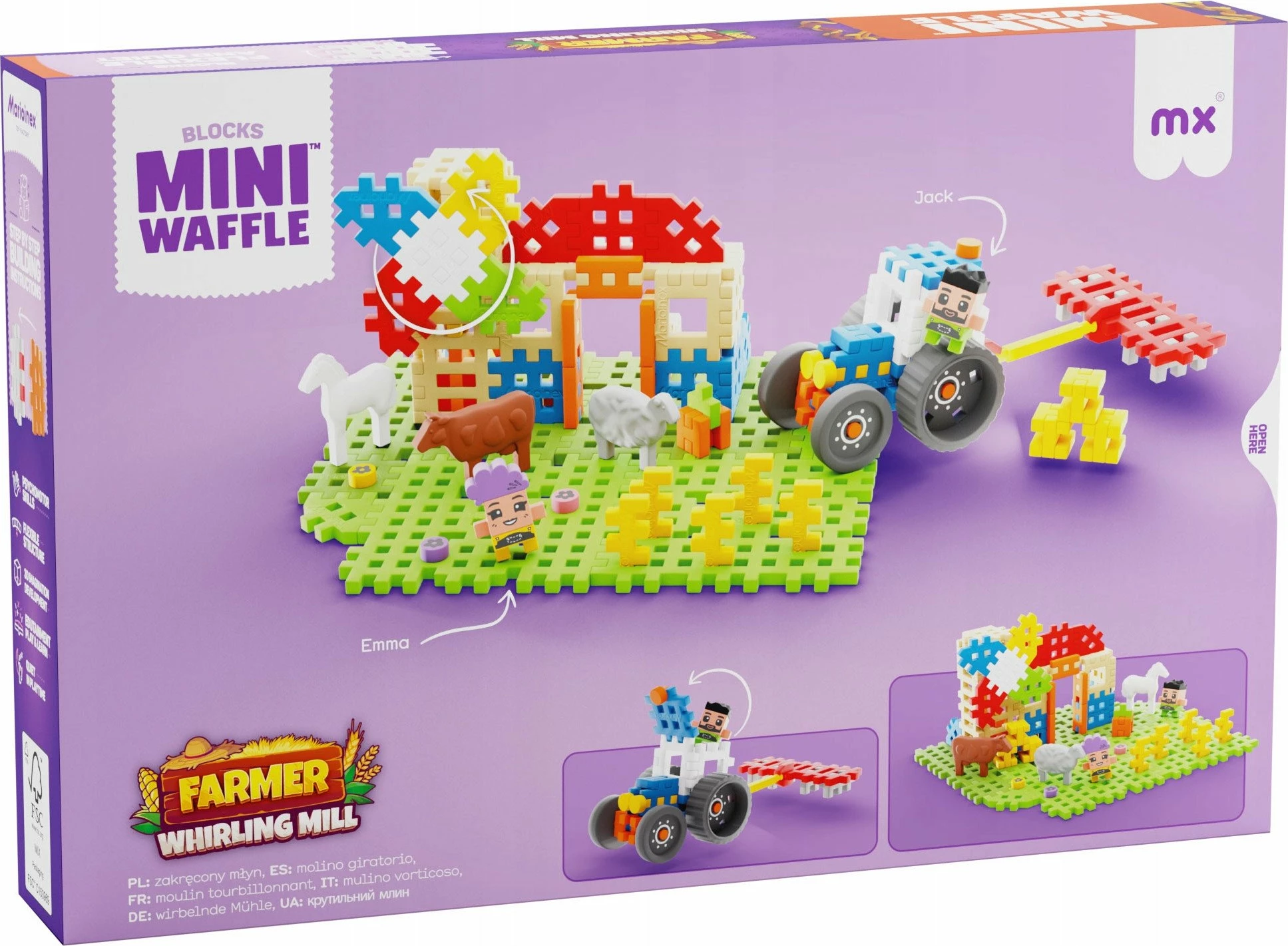 Blloqe ndërtimi waffle Marioinex Mini Waffle Farmer Twisted Mill 07559, 100 elemente, set me figurina