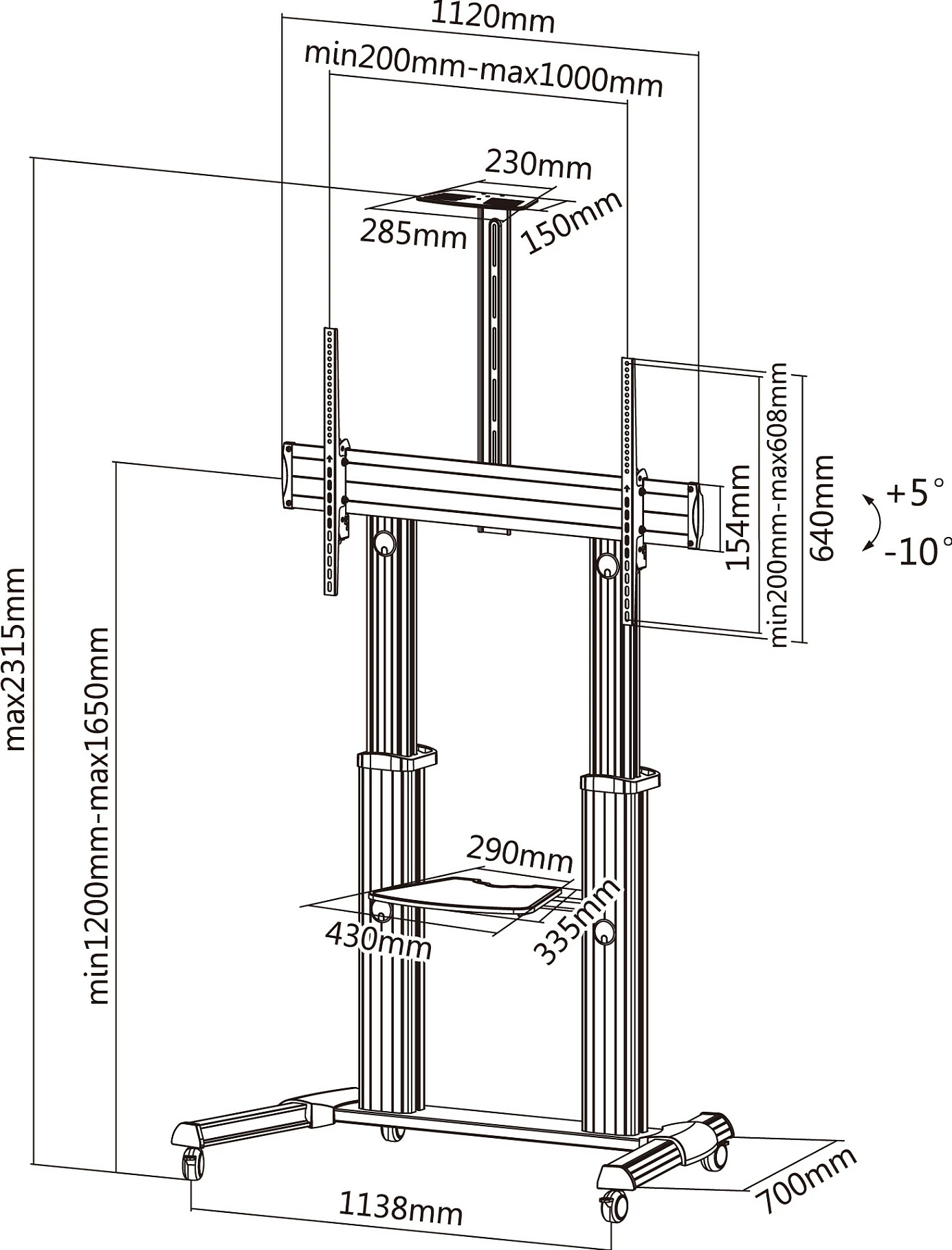 Karrocë TV EQUIP 650605, 60-100", VESA 1000x600, 100 kg, me rrota, alumini