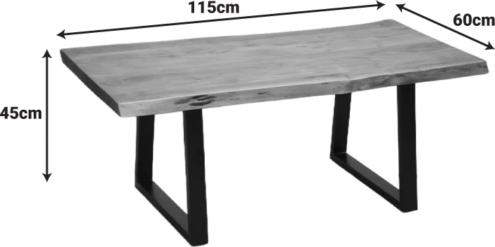 Tavolinë kafeje Miles, dru akacie masiv, trashësi 3.7-4cm, ngjyrë arre, këmbë metalike të zeza, 115x60x45cm