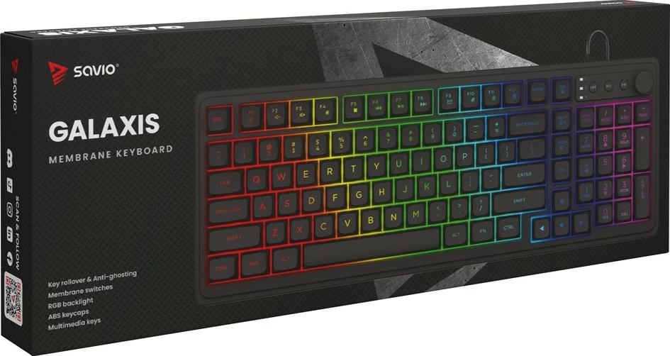 Tastierë gaming Savio GALAXIS, membrane, RGB, me kabllo USB 1.5 m, US QWERTY, e zezë