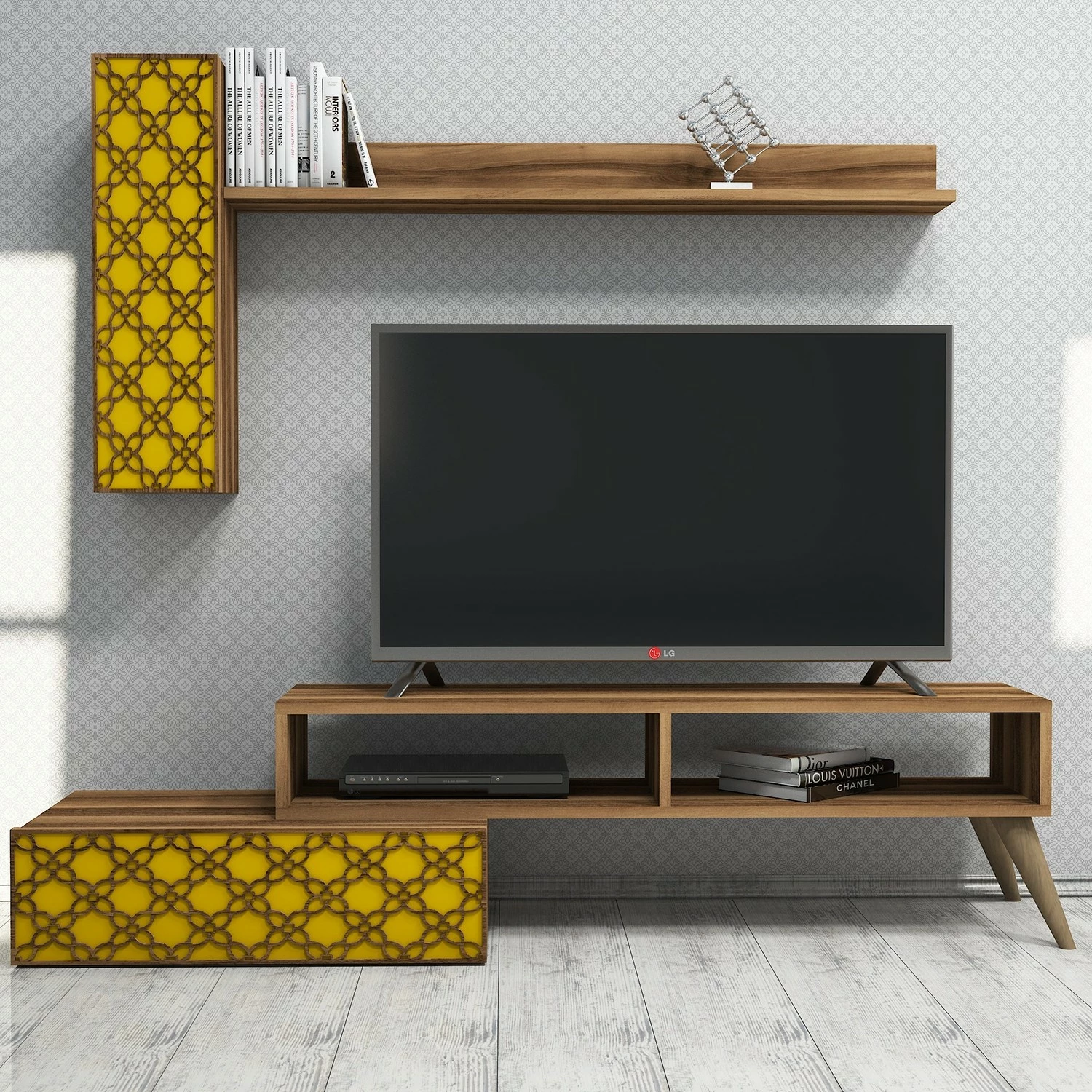 Njësi televizori Skye Decor, ngjyrë arre, e verdhë