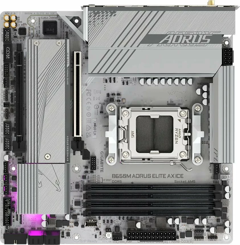 Pllakë amë Gigabyte B650M AORUS ELITE AX ICE Micro-ATX, DDR5, Wi‑Fi, Bluetooth, 7.1 Audio, e bardhë