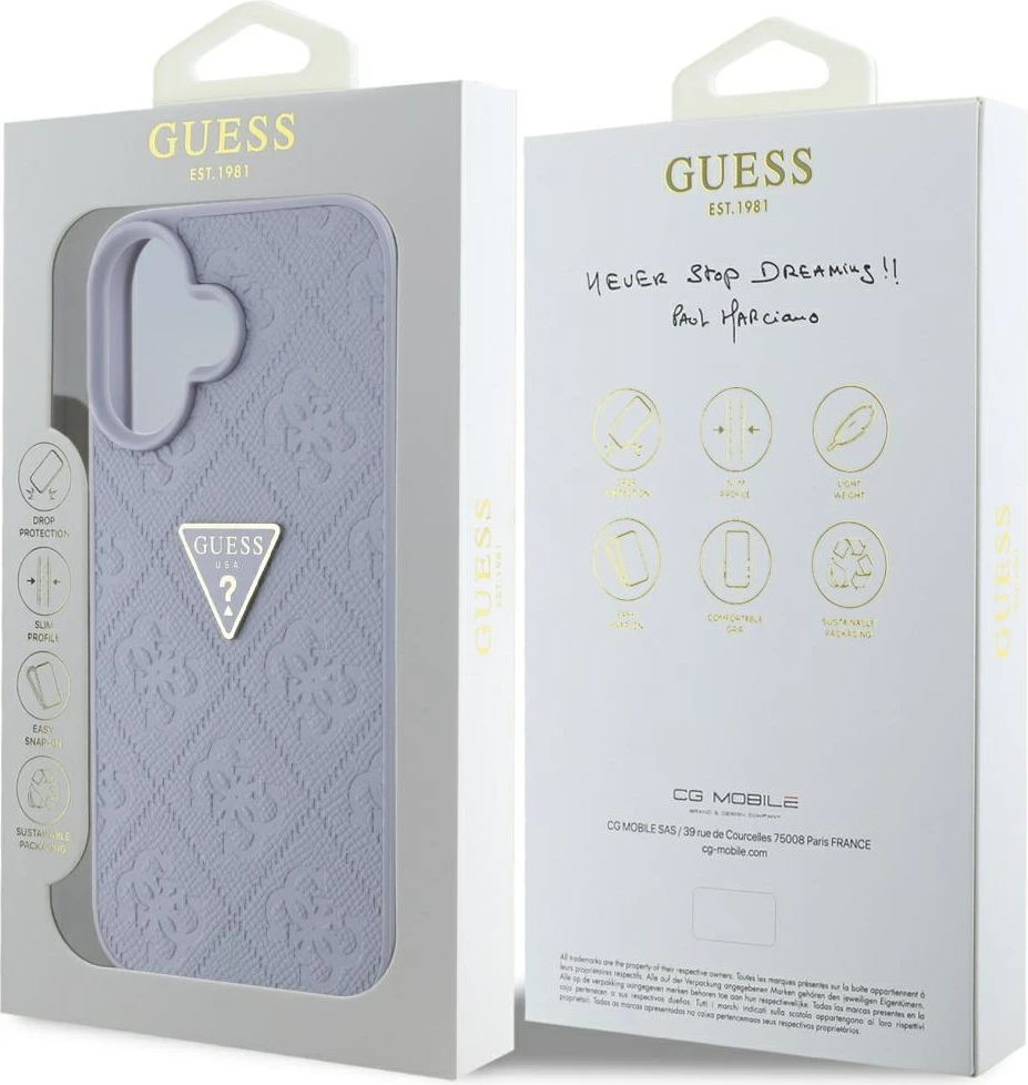 Mbështjellës Guess Hot Stamp 4G Pattern Triangle Metal Logo për iPhone 16, Vjollcë