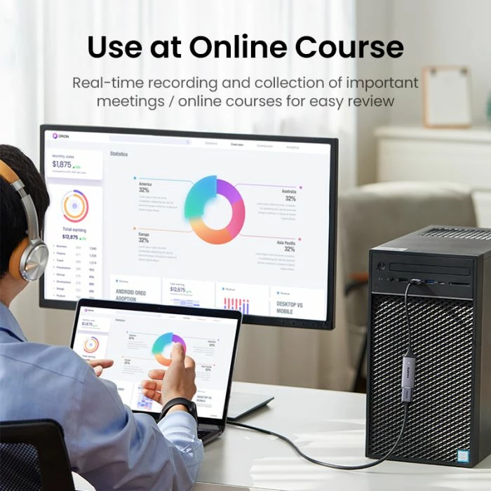 Adapter USB për kapje video HDMI, UGREEN 40189, 4K@60Hz input / 1080p@30Hz capture, USB-C + USB-A, gri, me kuti