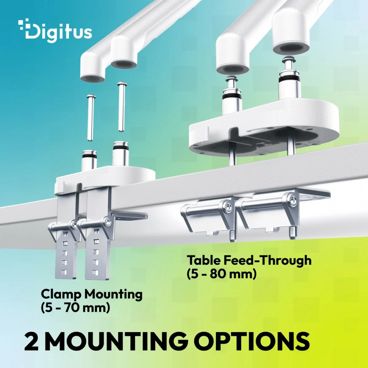 Krah tavoline i dyfishtë për monitor Digitus DA-90472, 2x deri 35\", 2x10kg, VESA 75x75/100x100, me kapëse + montim në tavolinë, i bardhë