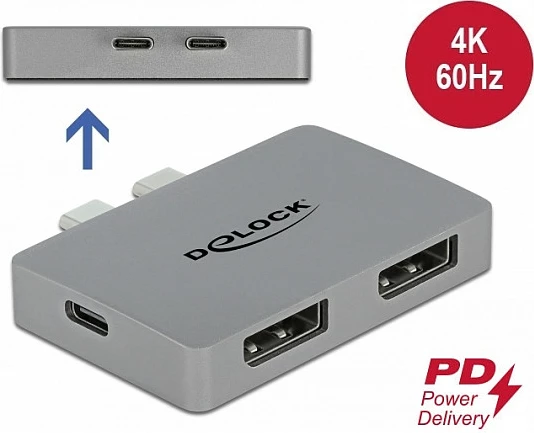 Adapter DeLOCK Dual DisplayPort (Thunderbolt 3), 4K 60Hz, USB-C PD 3.0 100W, i hirtë