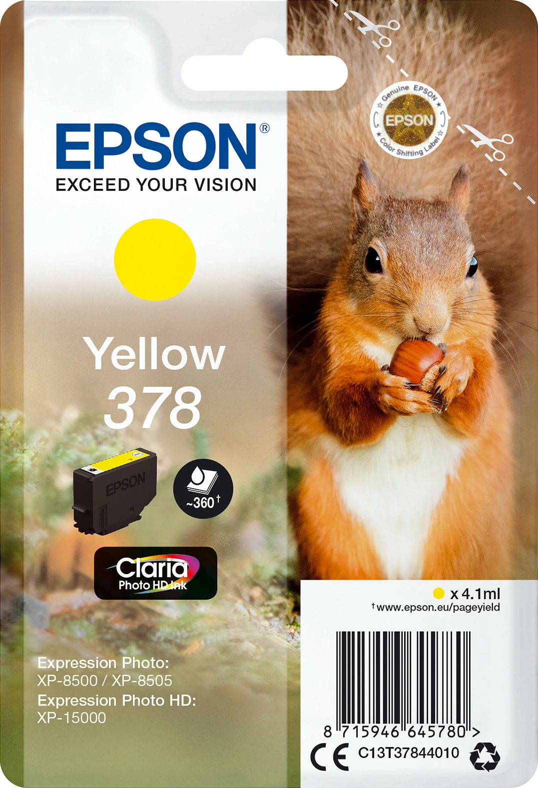 Toner Epson Squirrel 378 Claria Photo HD, verdhë, 4.1ml, standard yield