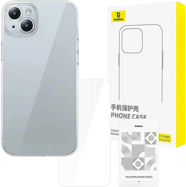 Mbështjellës Baseus për iPhone 15 me xham të temperuar, transparent