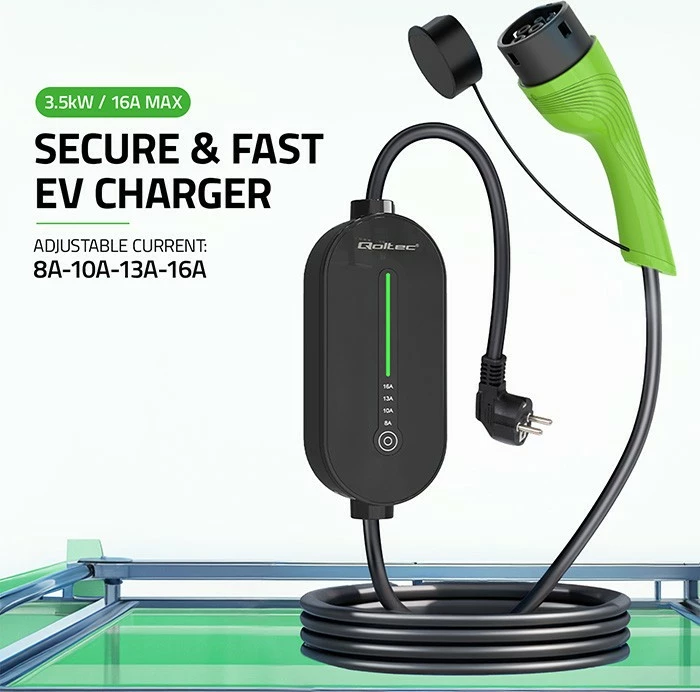 Karikues mobil EV, Qoltec 52434, Type 2, 3.5kW 230V, 8-16A, LCD/LED, kabllo 5m, IP65, zi/jeshile
