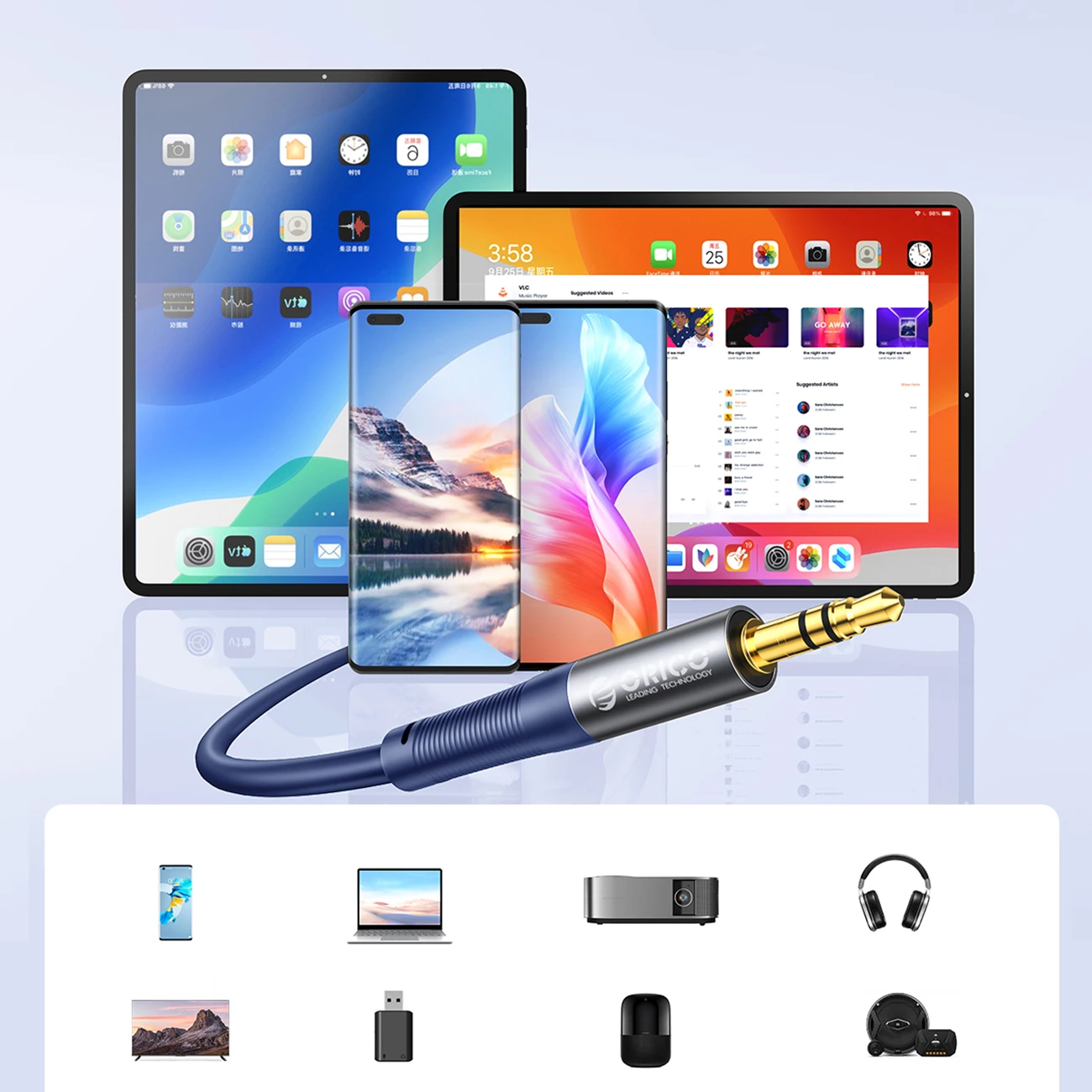 Kabllo audio Orico AXRF mini jack 3.5 mm në 2x RCA femër 1.5 m, blu