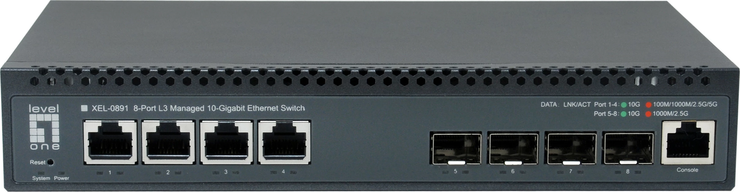 Switch Level One Managed L3 10GbE, 4x RJ-45 10G + 4x SFP+ 10G, gri