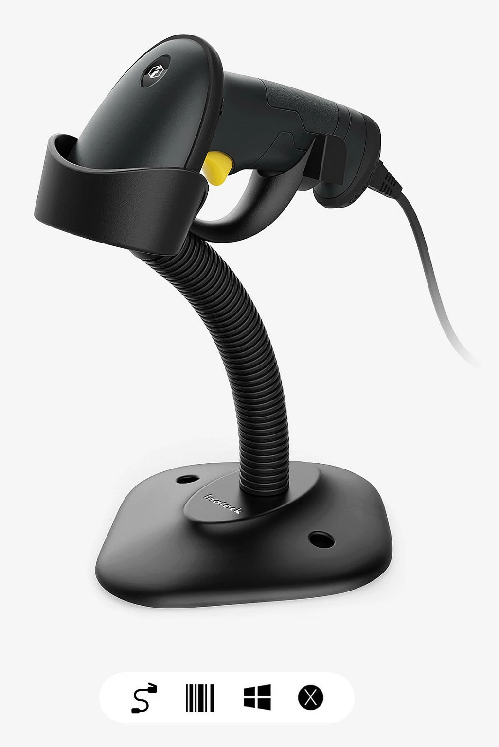 Skaner barkodi Inateck BCST-33, 1D, USB me kabllo, me bazë, zi/verdhë