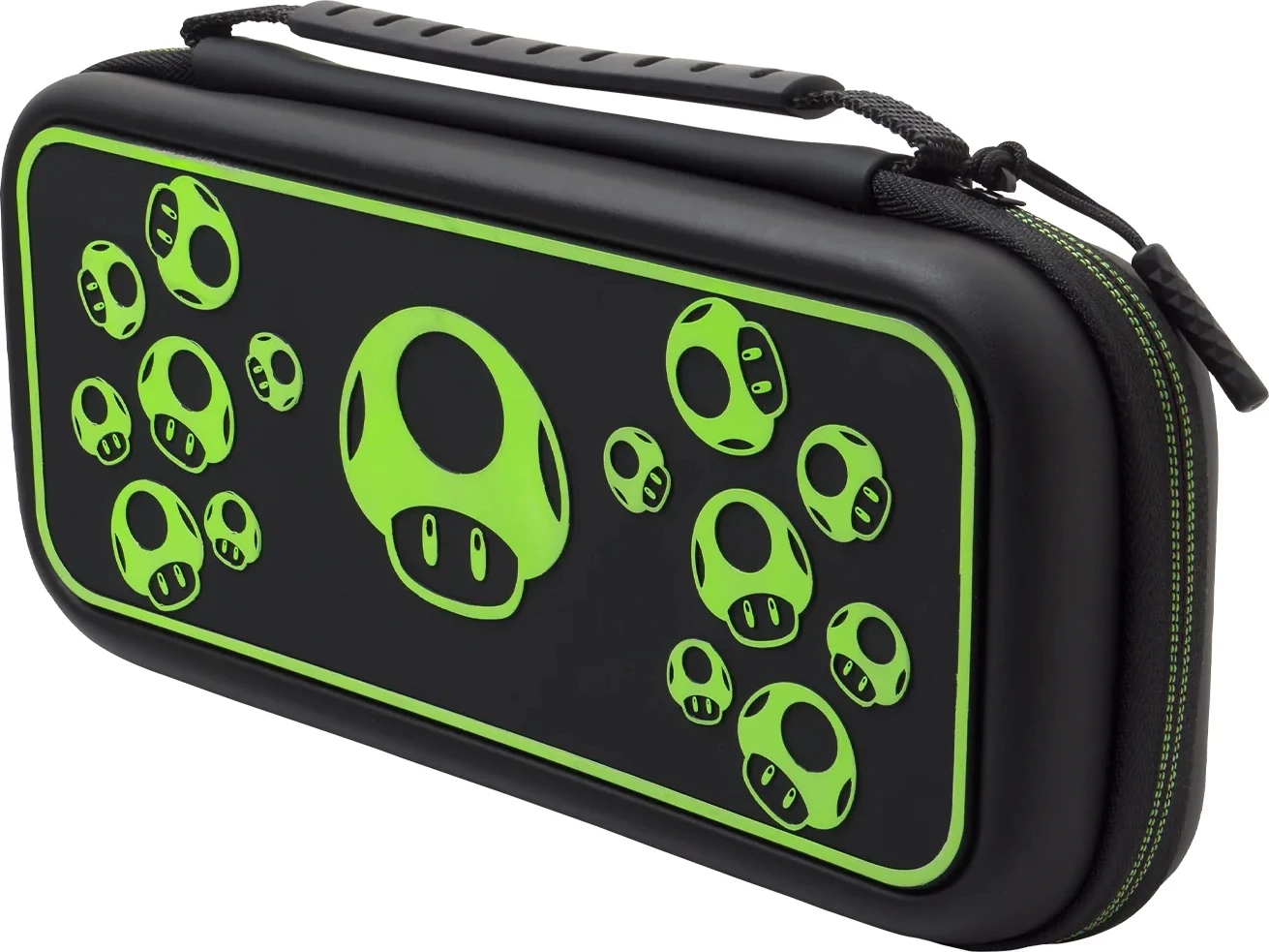Kasë udhëtimi PDP Nintendo Switch Travel Case Plus 1-Up Glow in the Dark, me mbajtëse të integrume, e zezë/jeshile