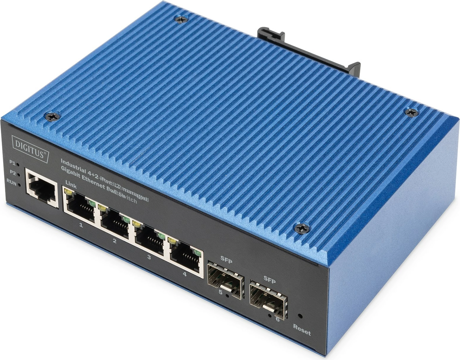 Switch industrial Digitus DN-651155, 4x RJ45 GE PoE, 2x SFP, menaxhueshëm, IP40, metalik