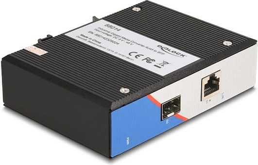 Media konverter industrial Gigabit DeLOCK, RJ45 në SFP, për DIN rail, i zi