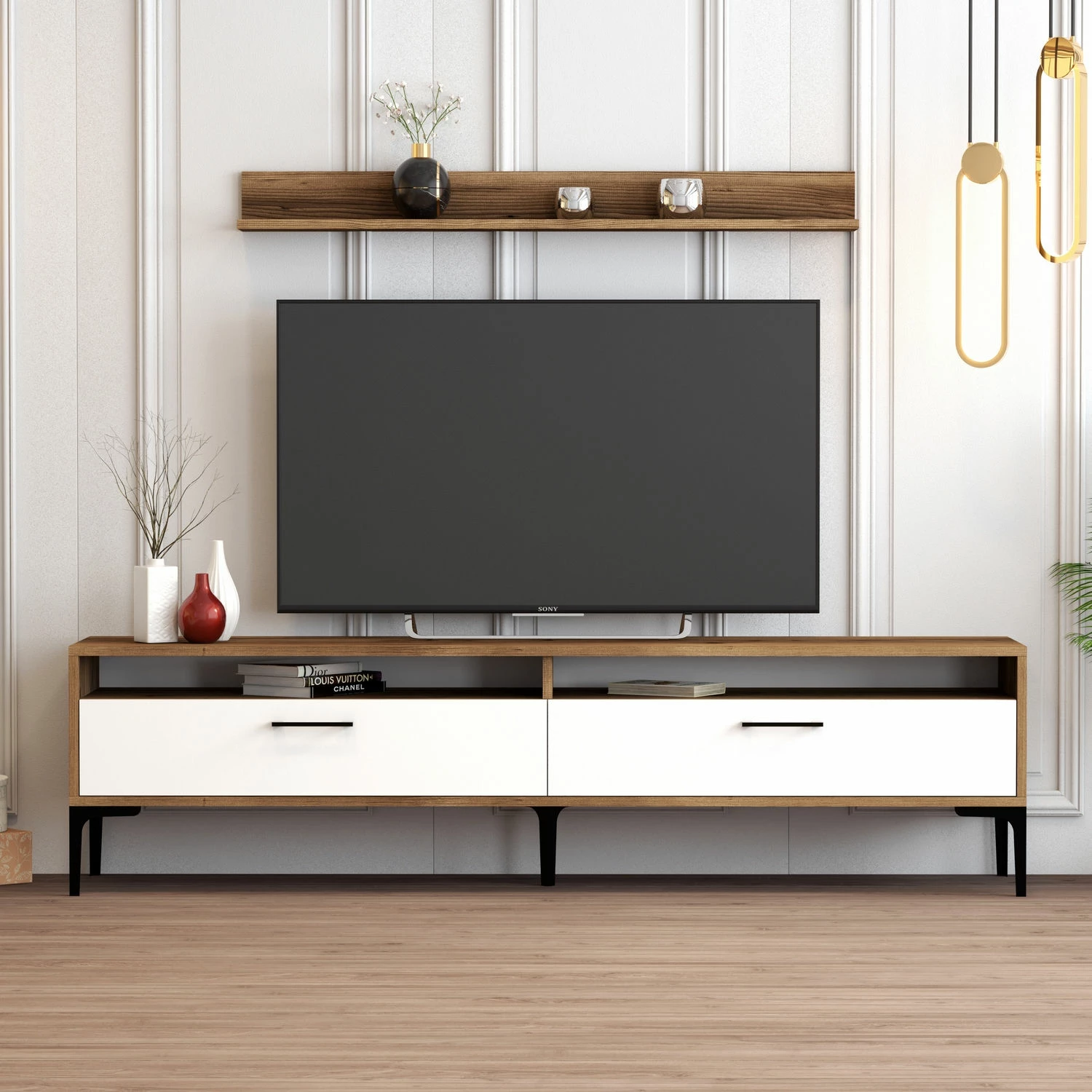 Komodë TV Skye Decor, Istanbul, ngjyrë arre dhe e bardhë