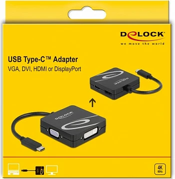 Adapter USB-C DeLOCK 4-në-1 (VGA/DVI/HDMI/DisplayPort), 4K, i zi