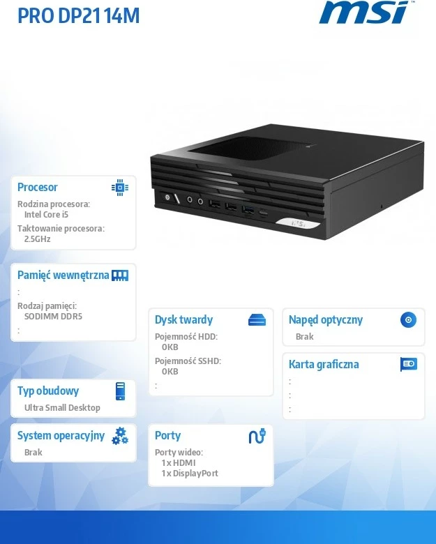 Kompjuter MSI PRO DP21 14M-243BEU, Intel Core i5-14400, Wi‑Fi/BT, pa OS, i zi