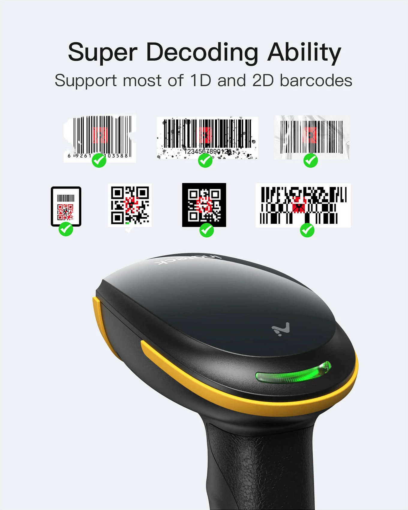 Skaner barkodi Inateck BCST-36, 2D, Bluetooth/USB, me bazë karikimi, Zi/Verdhë