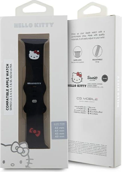 Rrip silikoni Hello Kitty për Apple Watch 42/44/45/49mm, i zi