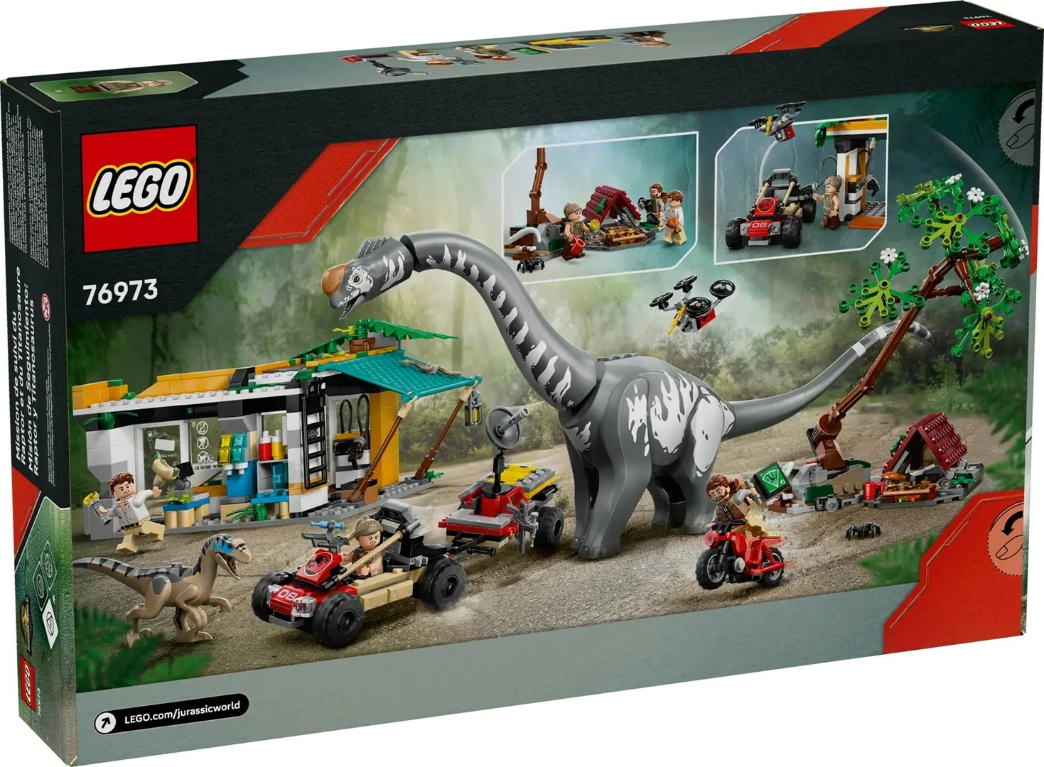 Set lodrash LEGO Jurassic World 76973, Raptor & Titanosaurus Tracking Mission, 3 minifigura, për fëmijë 7+