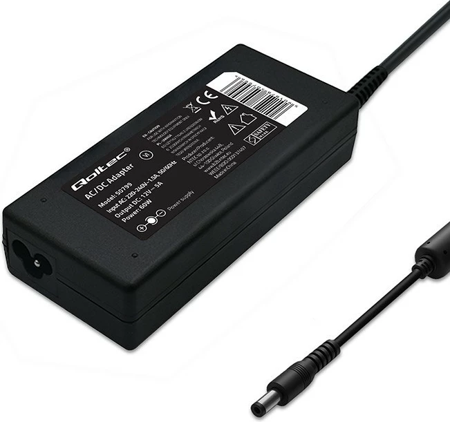 Adapter rryme AC/DC, Qoltec, 50799, 60W 12V 5A, konnektor 5.5 x 2.5 mm, e zezë, me kabllo rryme + rrip organizues
