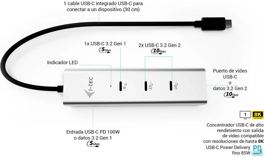 USB-C hub I-Tec D I-TEC, 5 porta, 85W, argjendtë