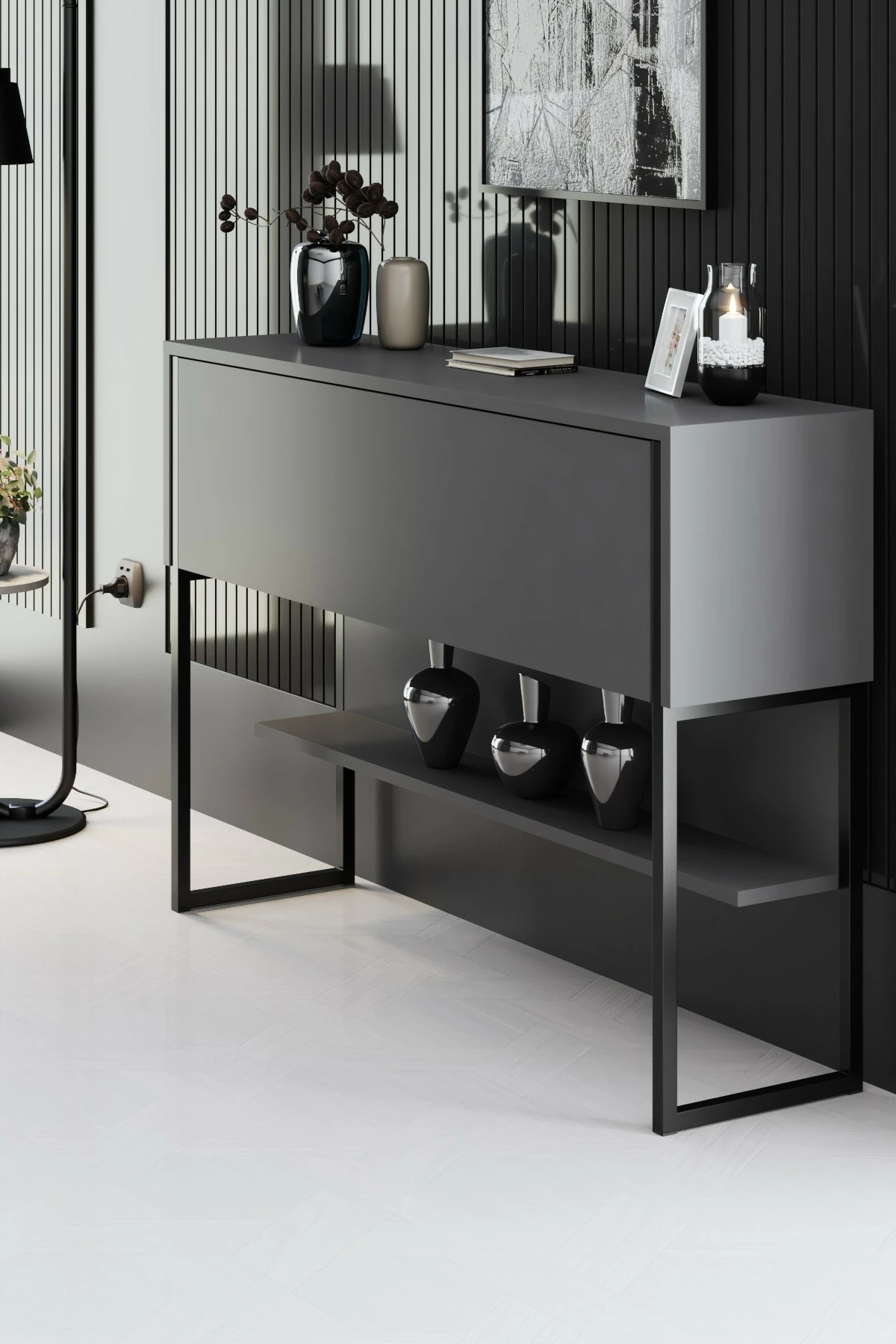 Komodë Hanah Home, Luxe, e zezë dhe antracit