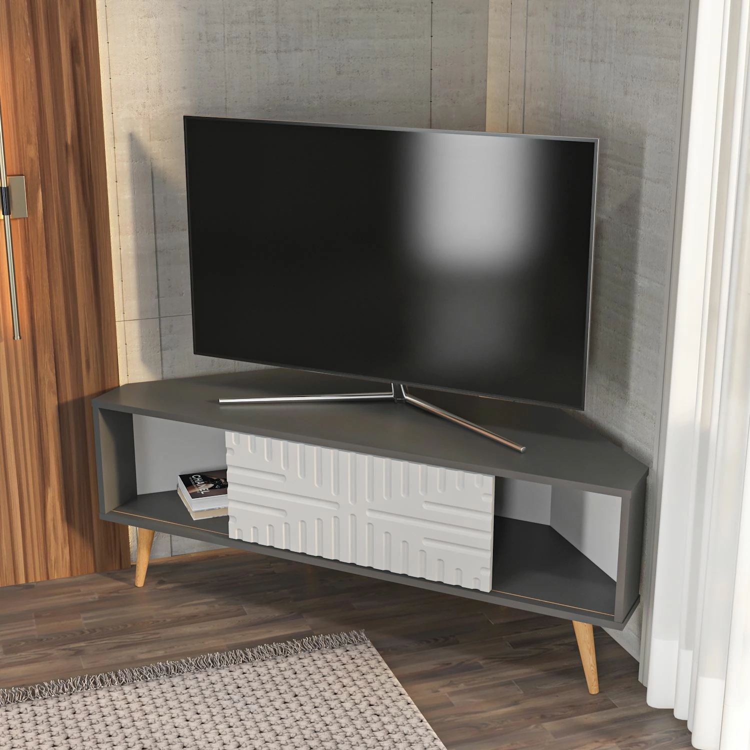 Komodë TV Skye Decor, ngjyrë antracit dhe e bardhë