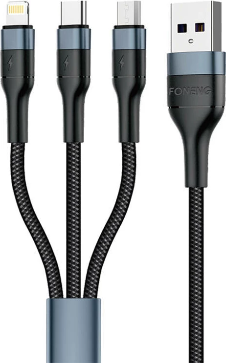 Kabllo 3-në-1 Foneng X51, USB në USB-C/Micro USB/Lightning, 1.2m, e zezë