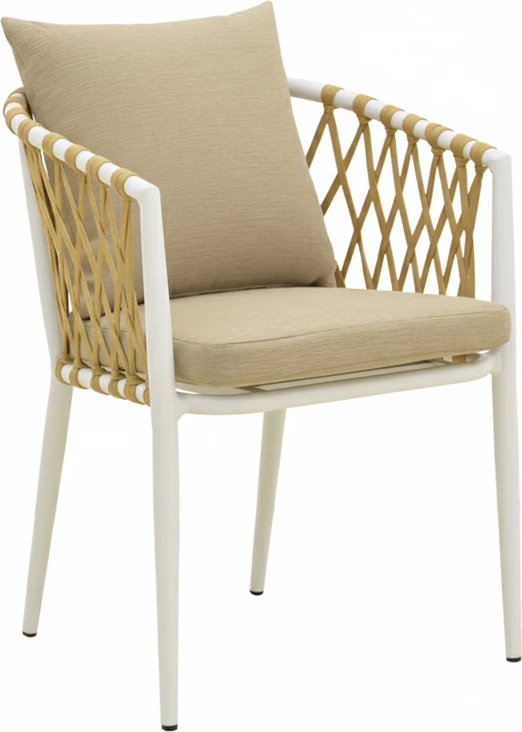 Karrige e ulët Peluxe, alumin i bardhë, litar natyral, jastëkë bezhë, 57x60x78cm