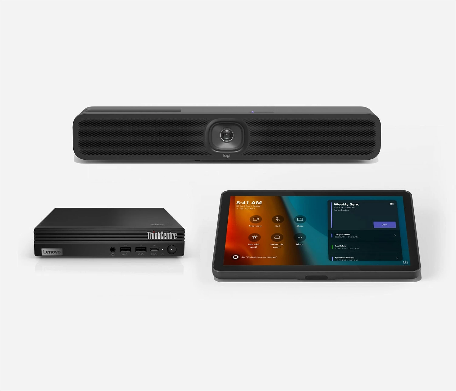 Sistem video-konference Logitech Tap USB Kit + Lenovo ThinkSmart Tiny i3-13100T, 16GB RAM, 256GB SSD + MeetUp 2 kamerë 4K, e zezë