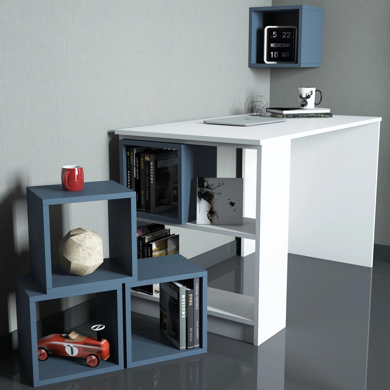 Tavolinë studimi me raft librash, ngjyrë bardhë e kaltër, Hanah Home, Box