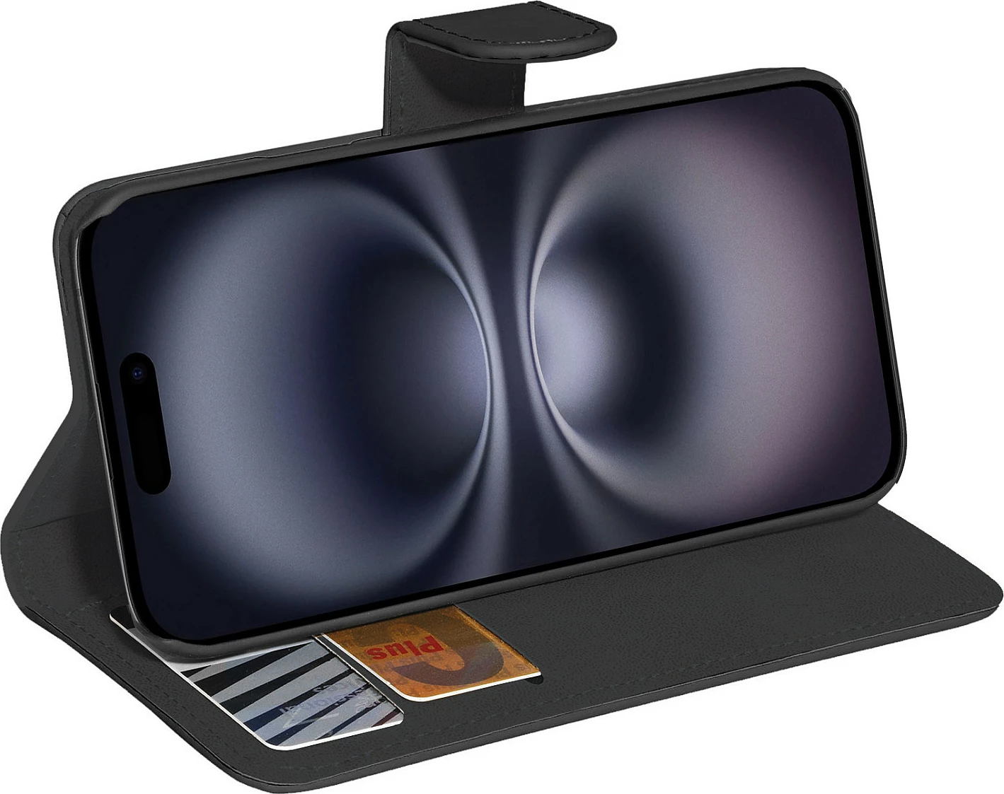 Mbështjellës PEDEA 50160990 wallet për iPhone 16 Plus 6.7", me xhep karte, stand, mbyllje magnetike, i zi