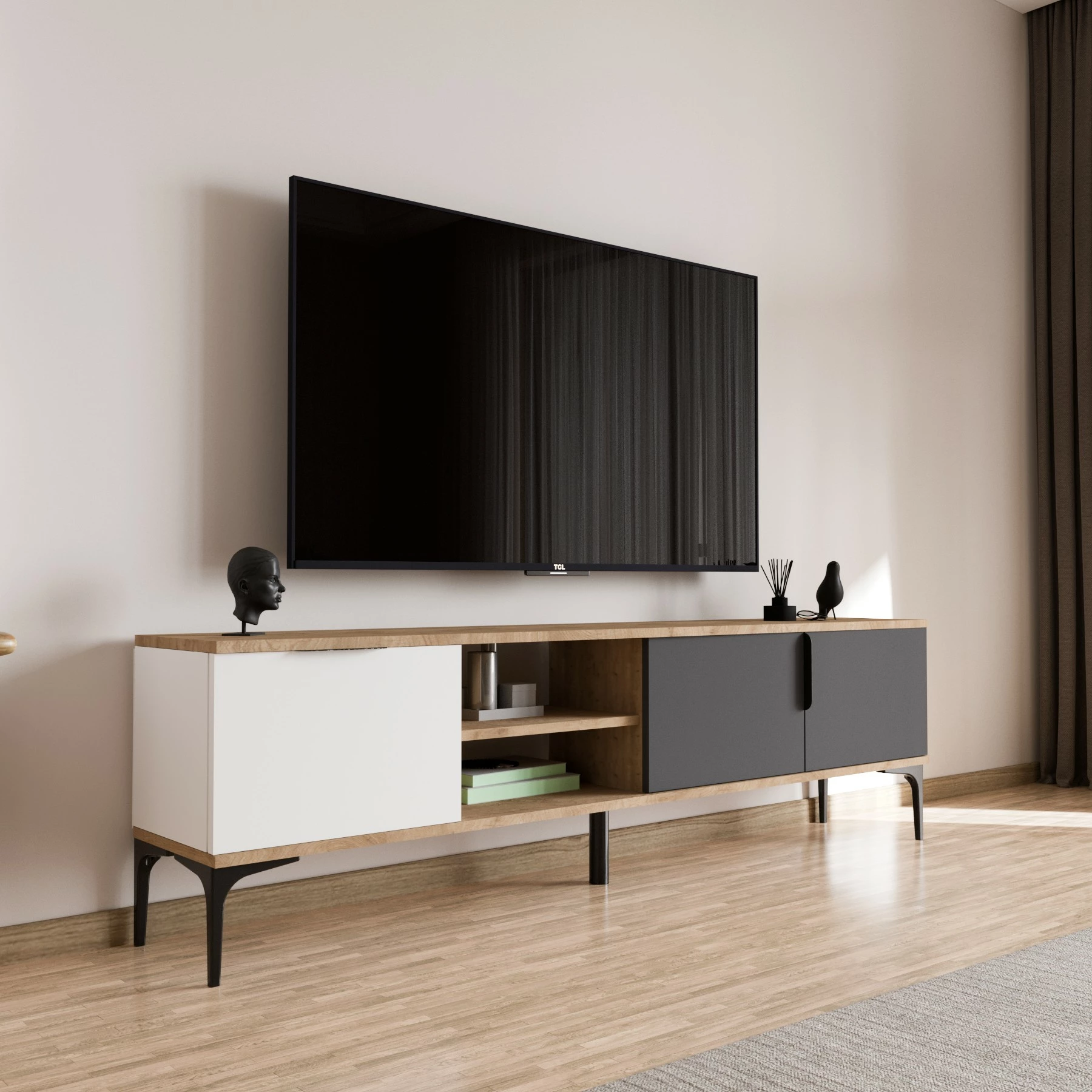 Komodë TV, ngjyrë e bardhë, antracit, lis, Skye Decor, Tarz