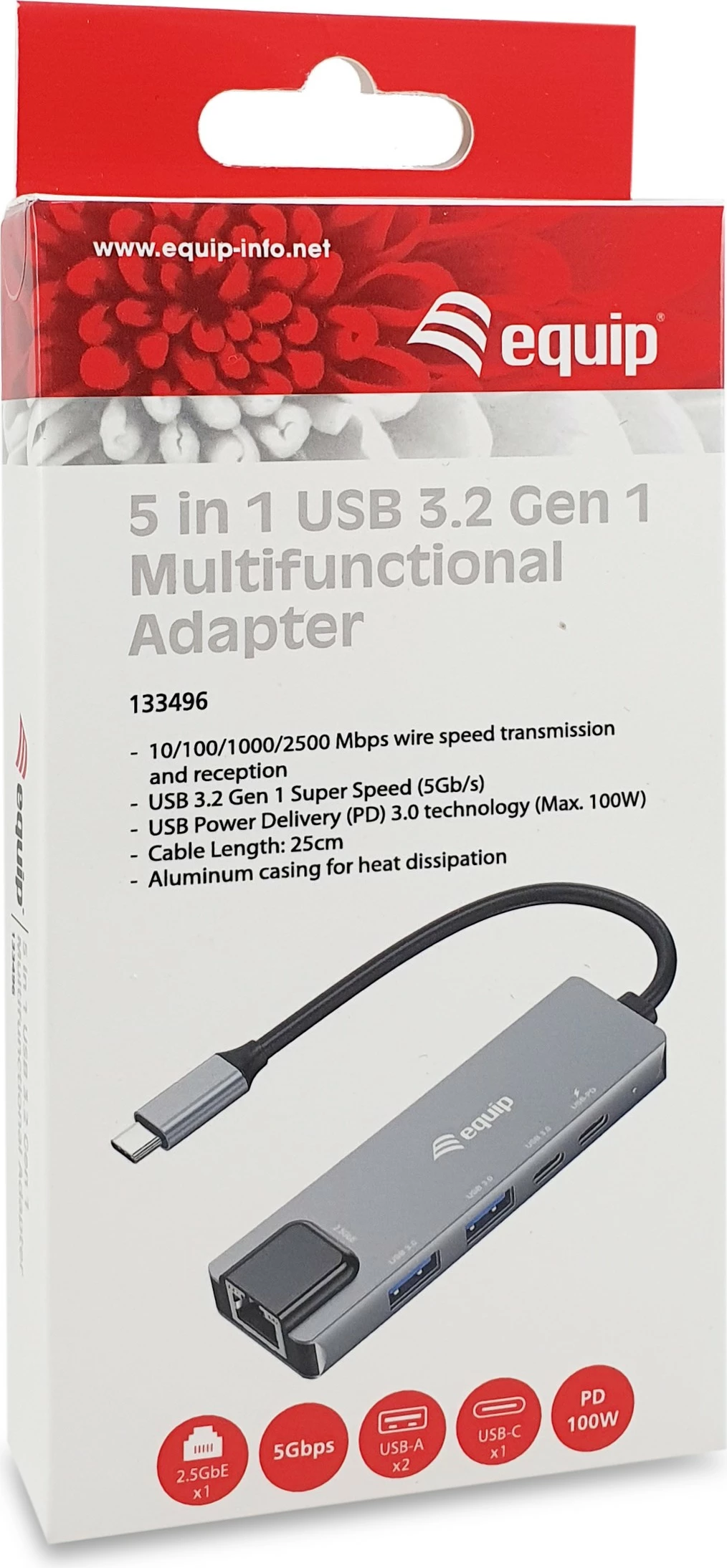 Adapter multifunksional Equip 5 në 1, USB-C, 2.5GbE, 100W, Gri